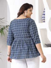Plus Size Women Ethnic Motif Printed Cotton Peplum Top-TOPBLUENAYAPLUS